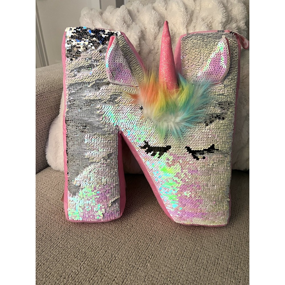 NWT Sequined Justice Unicorn Throw Pillow Letter N